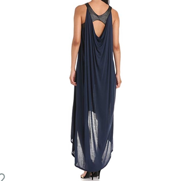 Navy Greek Goddess High-Low Dress Leather Trim - Picture 2 of 2